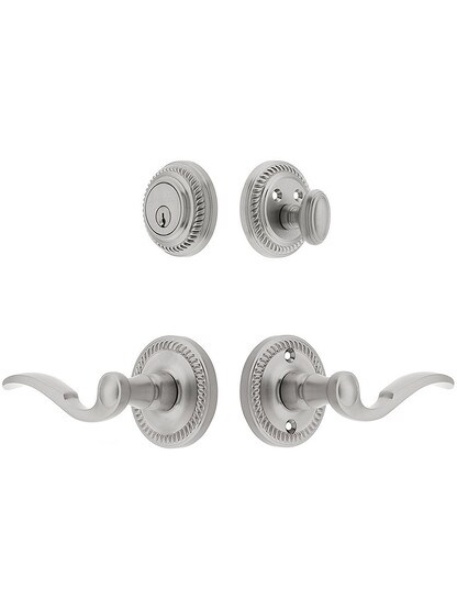 Grandeur Newport Entry Door Set, Keyed Alike with Bellagio Levers Left Handed in Satin Nickel.